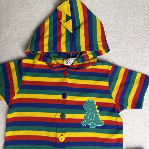 Vtg Dinosaur Romper Baby 18 Months Colorful 90s Snaps 90s Hood Striped Primary - Picture 1 of 6